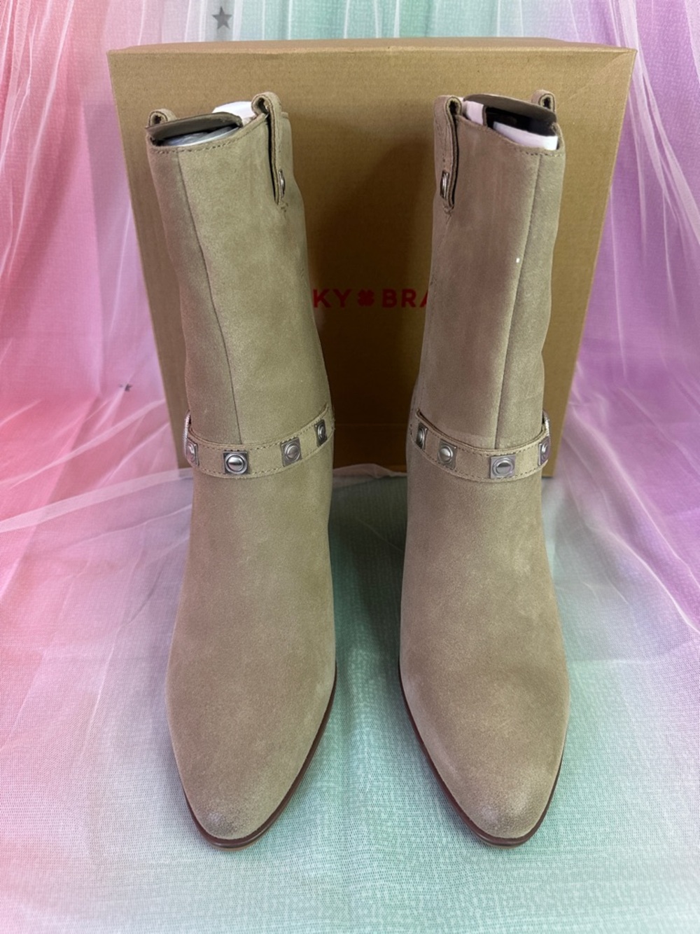Lucky Brand Taupe Suede Studded Pointed-Toe Ankle Boots